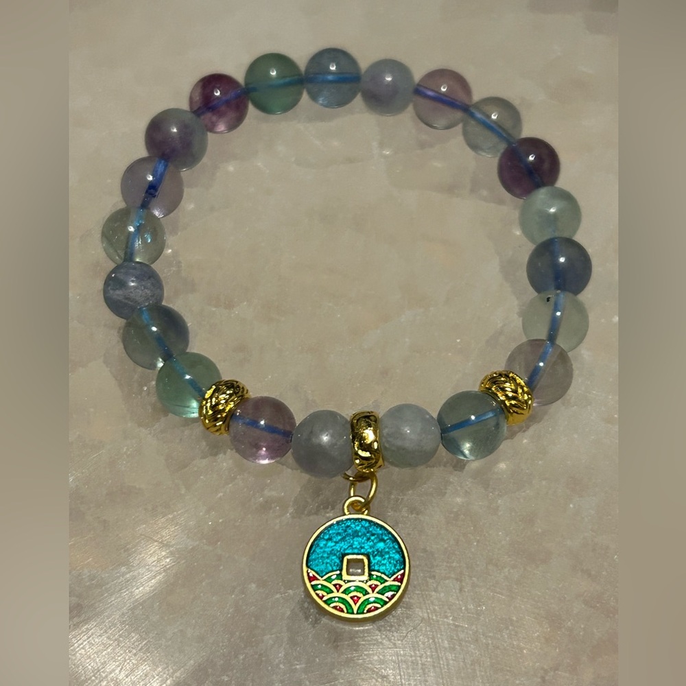 Fluorite and coin charm for prosperity, success and good luck